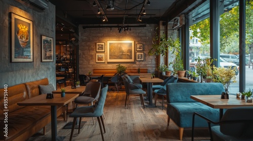 Modern Restaurant Interior with Wooden Tables Chairs and Leather Sofa