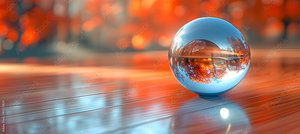 A close-up of a polished wooden table with a reflective 3D sphere resting on its surface A close-up of a polished wooden table with a reflective 3D sphere resting on its surface