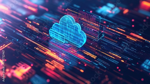 Digital Cloud Server with data flow lines and code on dark blue background.