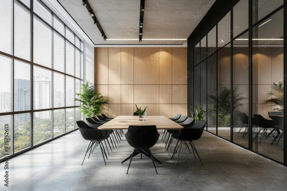 The interior of a coworking office has armchairs, desks, and panoramic windows The interior of a coworking office has armchairs, desks, and panoramic windows