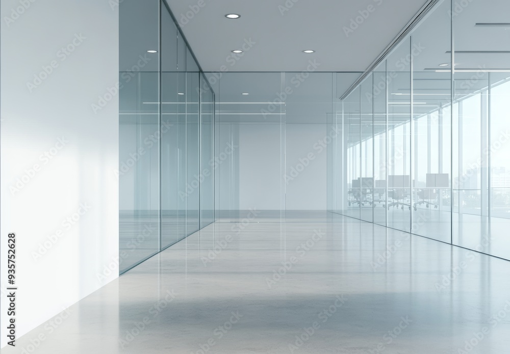 Fototapeta premium Office interior with coworking and meeting areas near a window.