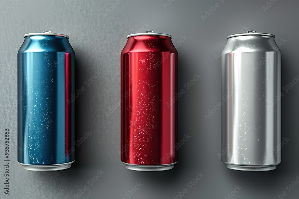 Three cans of soda, one red, one blue, and one silver Three cans of soda, one red, one blue, and one silver