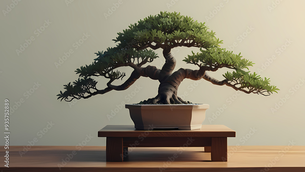A minimalist flat vector background featuring a serene bonsai tree on a wooden stand with soft pastel colors A minimalist flat vector background featuring a serene bonsai tree on a wooden stand with soft pastel colors