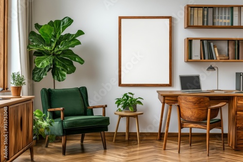 This 3D rendering shows a modern office with a desk, an armchair, and a laptop. Minimalistic style with light background. Concept of stylish and productive workspace.