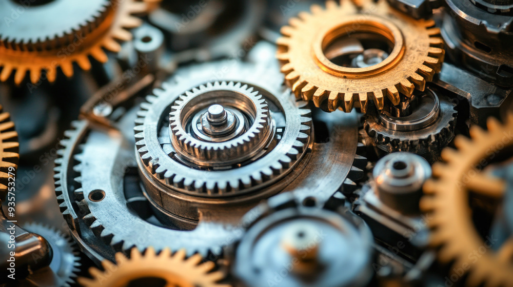 Close view of complex metallic gears mechanism working together Close view of complex metallic gears mechanism working together