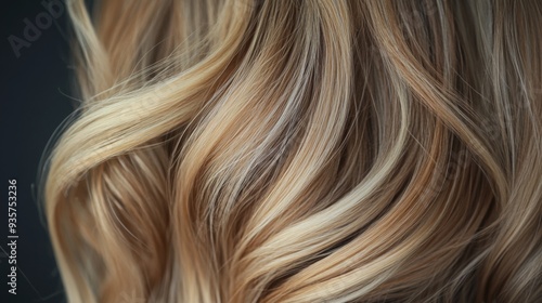 Soft, flowing blonde hair features natural waves and highlights against a dark background. photo