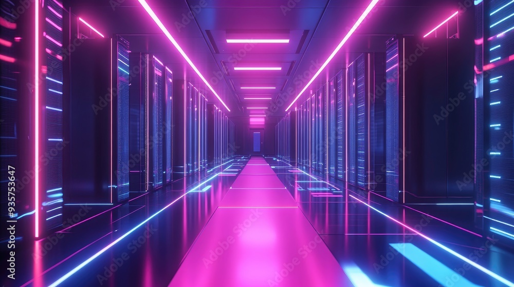 Futuristic server room corridor with neon lights. Futuristic server room corridor with neon lights.