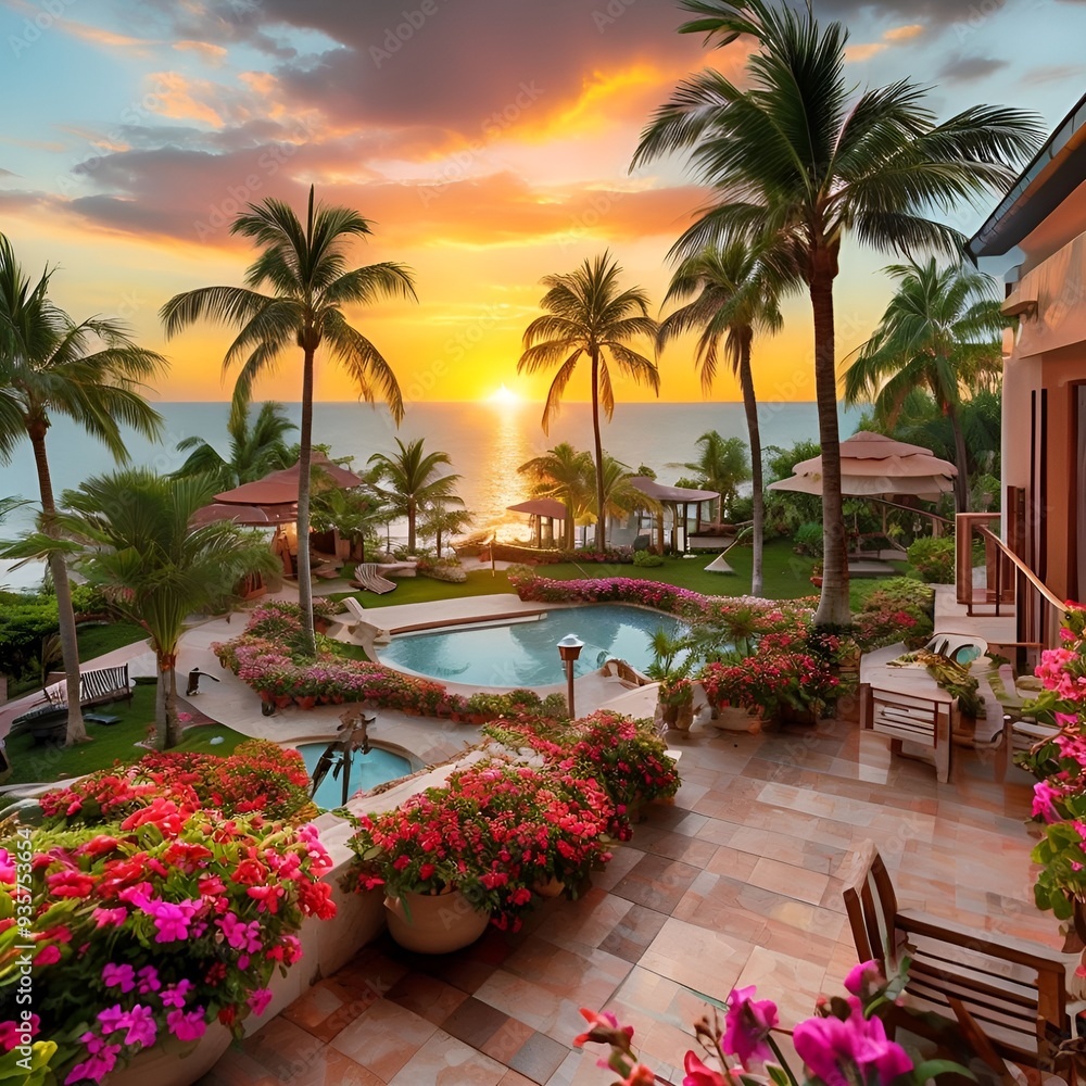 Fototapeta premium pool with trees and flowers