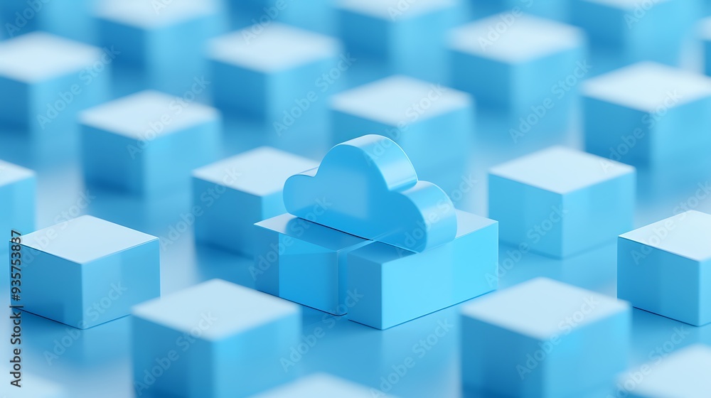 Abstract 3D illustration of a blue cloud among cubes, symbolizing cloud computing, data storage, and modern technology in a digital world. Abstract 3D illustration of a blue cloud among cubes, symbolizing cloud computing, data storage, and modern technology in a digital world.