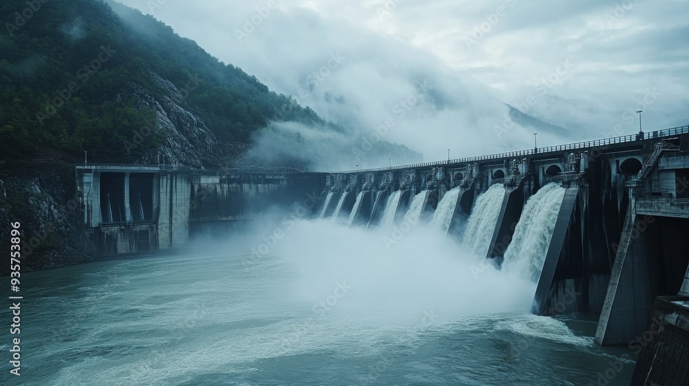 Large hydroelectric dam with water flowing powerfully, generating electricity, majestic landscape, mist rising from the water.
