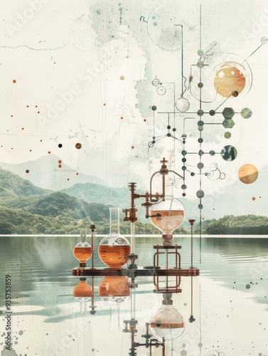 A painting of a laboratory with a mountain in the background