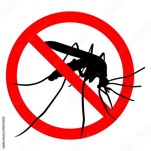 No mosquito sign, prohibited sign. Stop mosquito and malaria danger warning sign. Anti malaria symbol. Editable and scalable vector EPS. Isolated on White Background