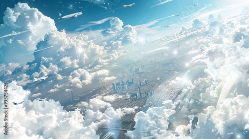 A sky full of clouds with a city below photo