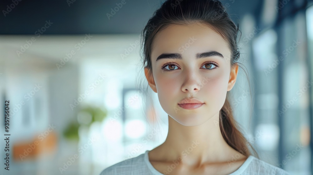 Close up portrait of a young woman looking at the camera with a slight smile. Close up portrait of a young woman looking at the camera with a slight smile.