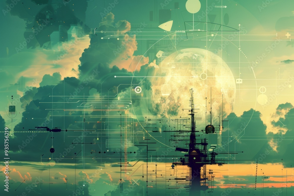 Obraz premium A futuristic cityscape with a large moon in the sky