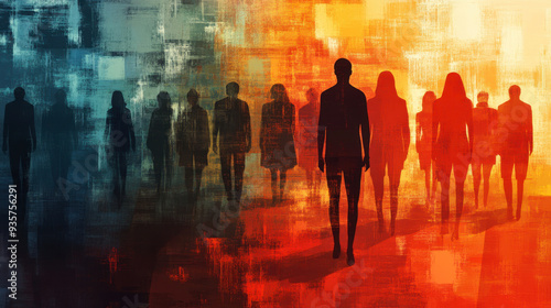 Diverse group of people silhouette on vibrant background. Modern art illustration. Concept of cultural diversity, unity, and stop discrimination