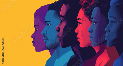 Diverse group of people in profile view with different skin tones. Modern art vibrant illustration. Concept of cultural diversity, unity, and stop discrimination