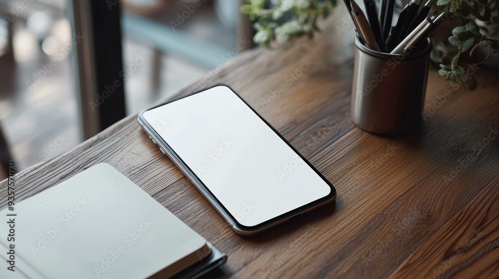 A smartphone with a blank white screen on a wooden desk next to an open notebook and a cup holding pens, ideal for concepts like productivity, technology, and workspace, A smartphone with a blank white screen on a wooden desk next to an open notebook and a cup holding pens, ideal for concepts like productivity, technology, and workspace,