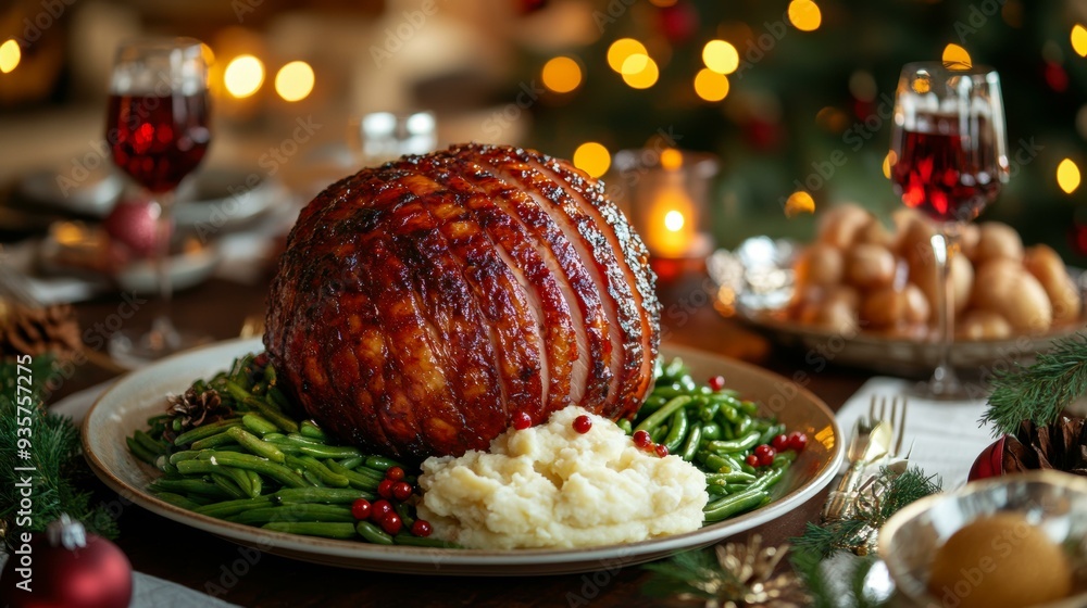 A festive holiday dinner with glazed ham, mashed potatoes, green beans, and cranberries surrounded by holiday decorations and warm lighting, perfect for use in seasonal recipes, cooking blogs A festive holiday dinner with glazed ham, mashed potatoes, green beans, and cranberries surrounded by holiday decorations and warm lighting, perfect for use in seasonal recipes, cooking blogs