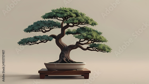 A minimalist flat vector background featuring a serene bonsai tree on a wooden stand with soft pastel colors
