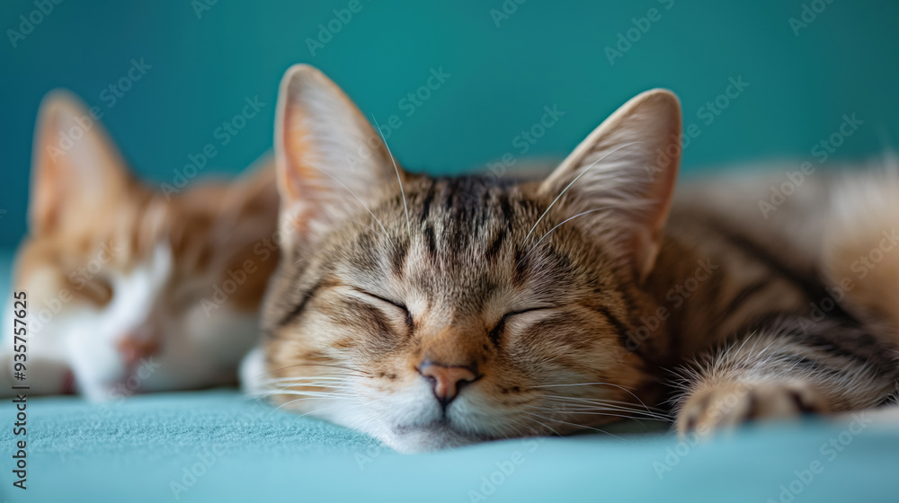 Two cats peacefully sleeping side by side on a soft surface, with a calm and cozy atmosphere highlighted by a teal background. Two cats peacefully sleeping side by side on a soft surface, with a calm and cozy atmosphere highlighted by a teal background.