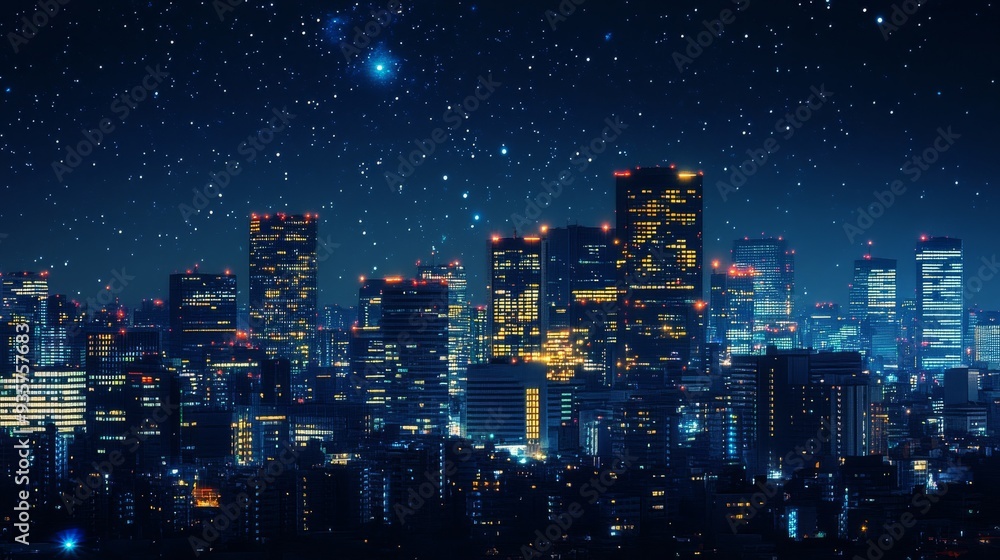 Night view of a city skyline with brightly lit buildings powered by renewable energy, stars visible, urban energy efficiency. Night view of a city skyline with brightly lit buildings powered by renewable energy, stars visible, urban energy efficiency.
