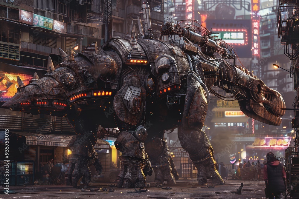 Imagine a hyper-realistic scene where a giant mecha dinosaur, adorned with future technology, stomps through a futuristic city. Imagine a hyper-realistic scene where a giant mecha dinosaur, adorned with future technology, stomps through a futuristic city.
