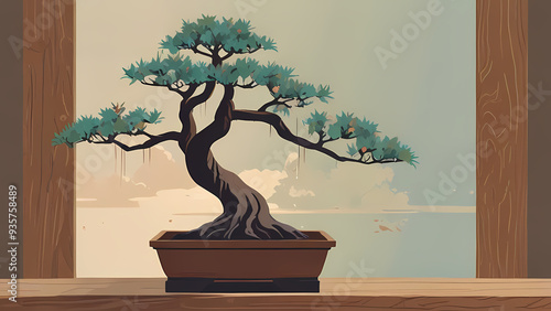 A minimalist flat vector background featuring a serene bonsai tree on a wooden stand with soft pastel colors