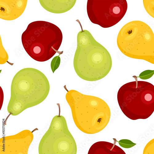 Red apples, yellow and green pears seamless pattern. Garden fruits background. Fresh ripe juicy fruits. Vector cartoon flat illustration.