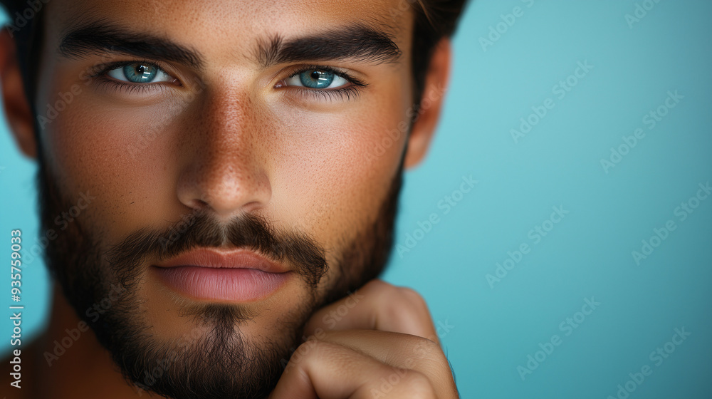 Obraz premium A young, handsome man touches his beard and mustache against a blue background. This close-up portrait of a male model showcases a fresh skin tone, likely the result of a facial ca