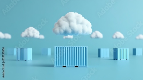 Wallpaper Mural Blue shipping containers and fluffy clouds against a pastel blue background. Minimalistic and modern scene representing global logistics. Torontodigital.ca