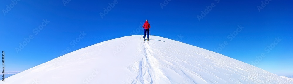 A lone skier stands on a snowy mountain peak under a bright blue sky, enjoying the breathtaking view. A lone skier stands on a snowy mountain peak under a bright blue sky, enjoying the breathtaking view.