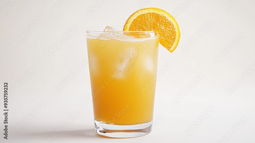 A tempting glass of iced orange juice with visible ice cubes and garnished with an orange slice, placed against a plain white background, exuding summery freshness. A tempting glass of iced orange juice with visible ice cubes and garnished with an orange slice, placed against a plain white background, exuding summery freshness.