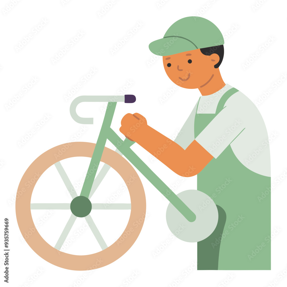 Smiling mechanic repairing a bicycle in a minimalist style Smiling mechanic repairing a bicycle in a minimalist style