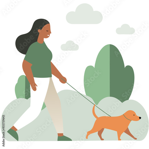 Woman walking her dog in a green park in flat illustration style