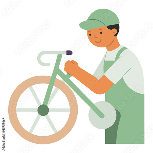 Smiling mechanic repairing a bicycle in a minimalist style