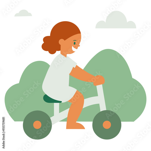 Smiling girl riding a tricycle outdoors in green park