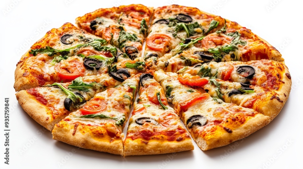 A wholesome vegetable pizza featuring black olives, sliced tomatoes, fresh greens, and melted cheese on a golden-brown crust, providing a nutritious and delicious meal. A wholesome vegetable pizza featuring black olives, sliced tomatoes, fresh greens, and melted cheese on a golden-brown crust, providing a nutritious and delicious meal.