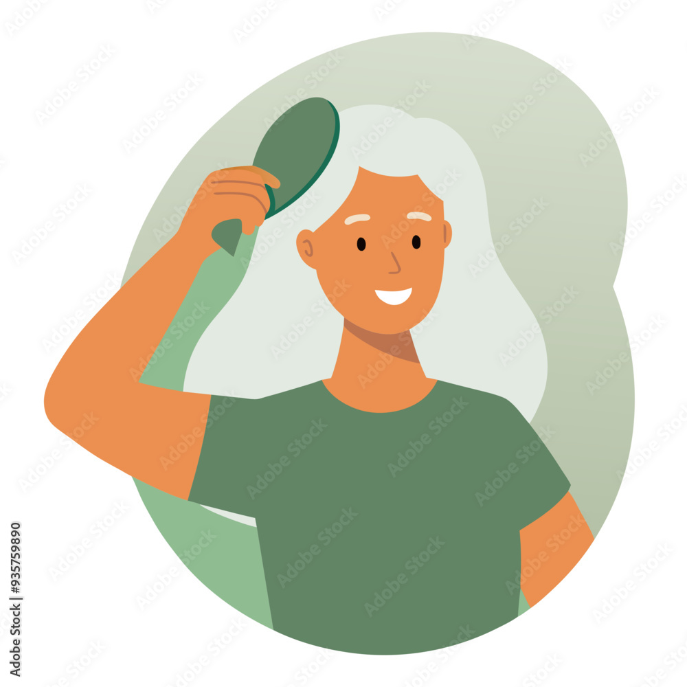 Smiling woman brushing her hair in minimalistic setting Smiling woman brushing her hair in minimalistic setting