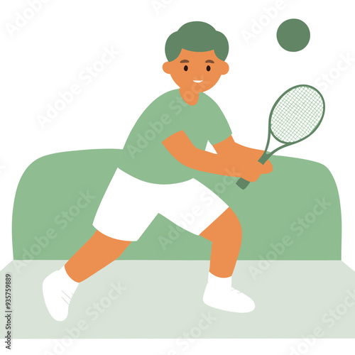 Boy playing tennis on a green court in action