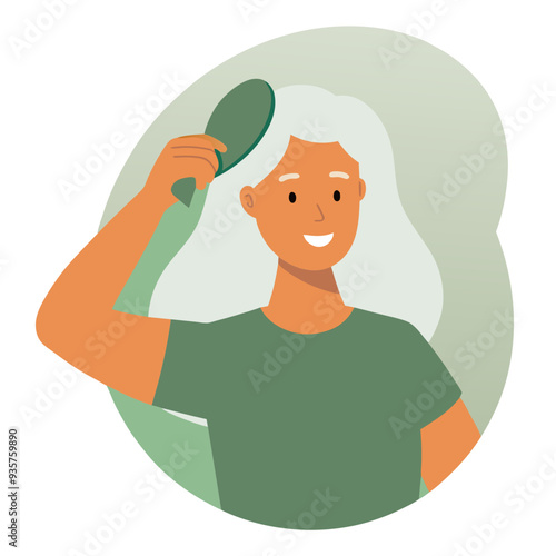 Smiling woman brushing her hair in minimalistic setting