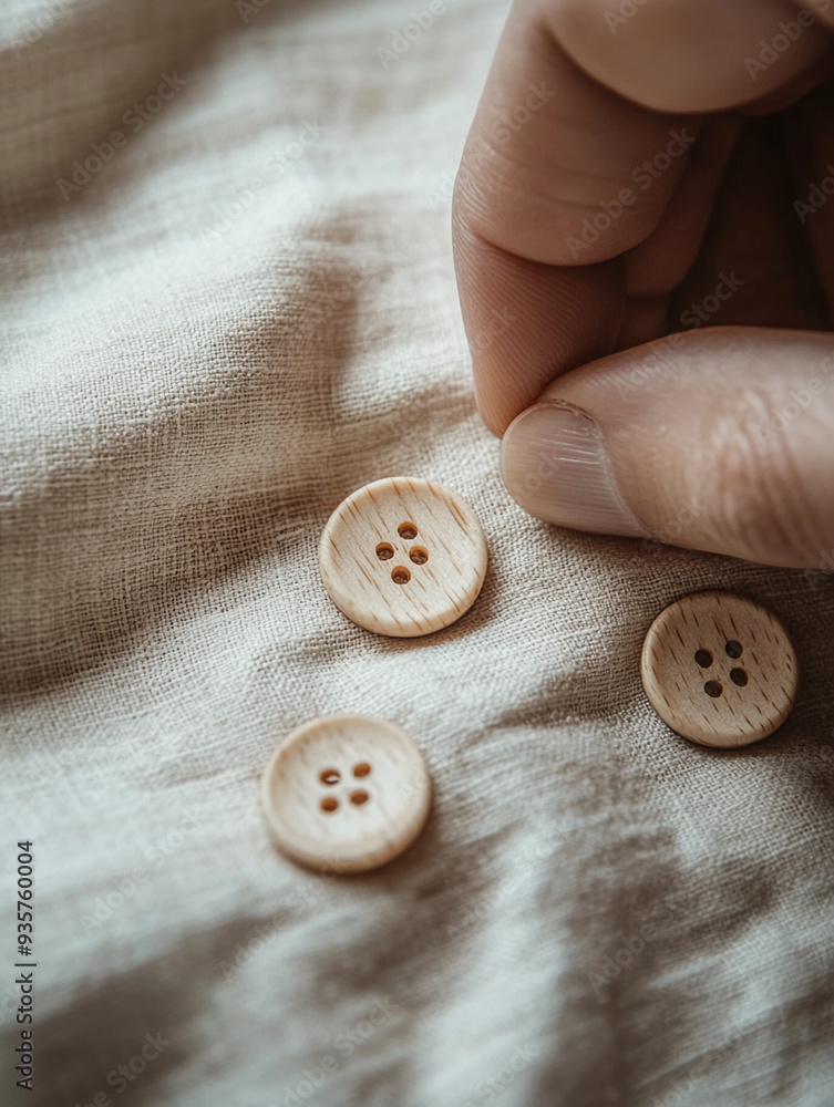 hand sewing a button on a linen shirt, slow fashion process, natural wooden buttons, soft and warm lighting hand sewing a button on a linen shirt, slow fashion process, natural wooden buttons, soft and warm lighting