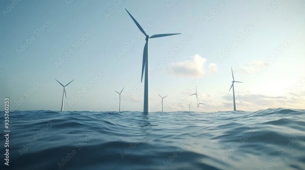 custom made wallpaper toronto digitalWind turbine farm in the ocean, focus on large turbines rising from the water, renewable energy generation.