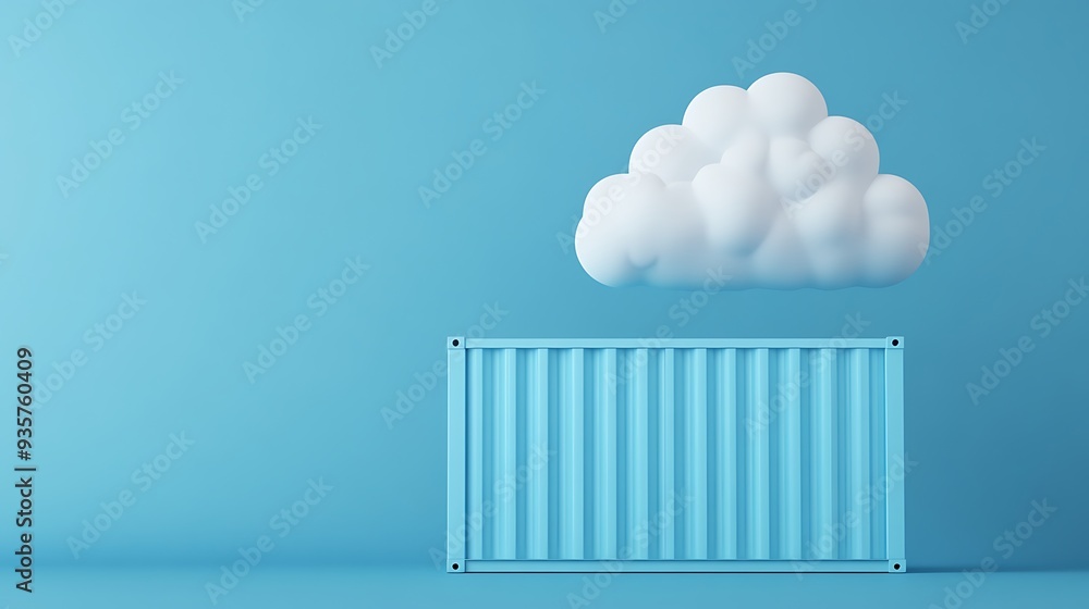 Cloud above blue shipping container, simple minimalistic design, blue background, representing cloud technology and logistics. Cloud above blue shipping container, simple minimalistic design, blue background, representing cloud technology and logistics.