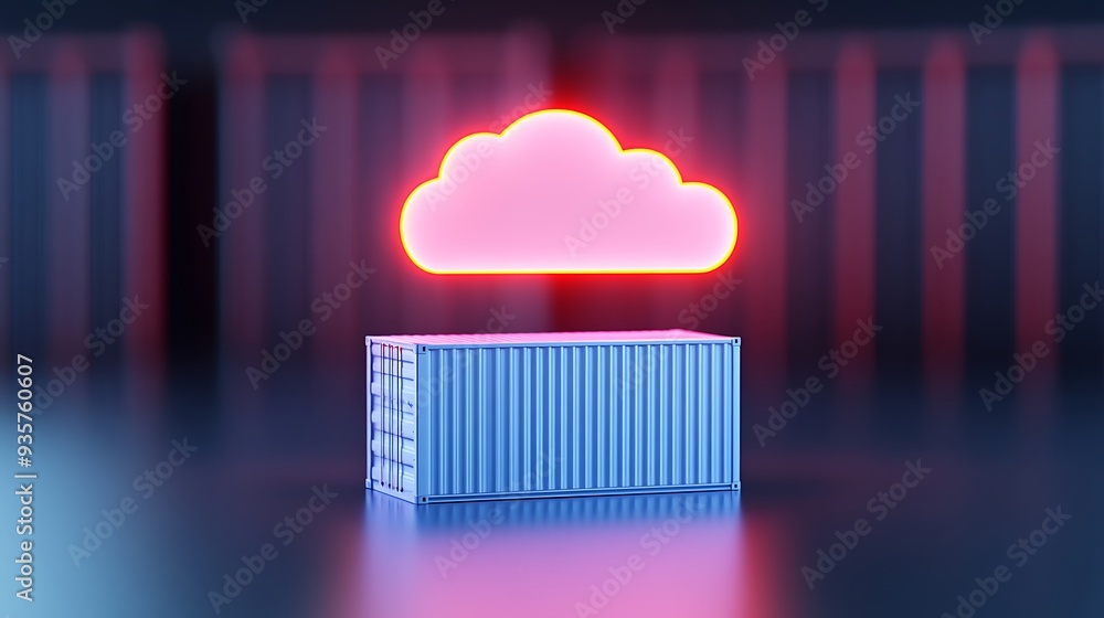 Cloud computing and container technology concept with a glowing cloud above a shipping container on a dark background. Cloud computing and container technology concept with a glowing cloud above a shipping container on a dark background.