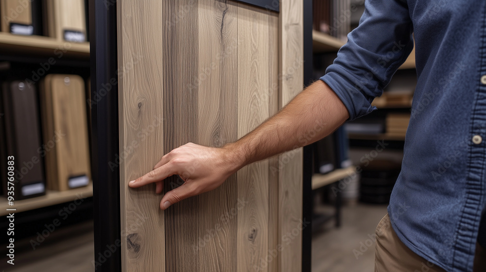 Close-up of a man's hands holding and showing the interior of a door in a furniture store. The doors have a light wood grain finish with black trim, showcasing a minimalist, boho-s Close-up of a man's hands holding and showing the interior of a door in a furniture store. The doors have a light wood grain finish with black trim, showcasing a minimalist, boho-s