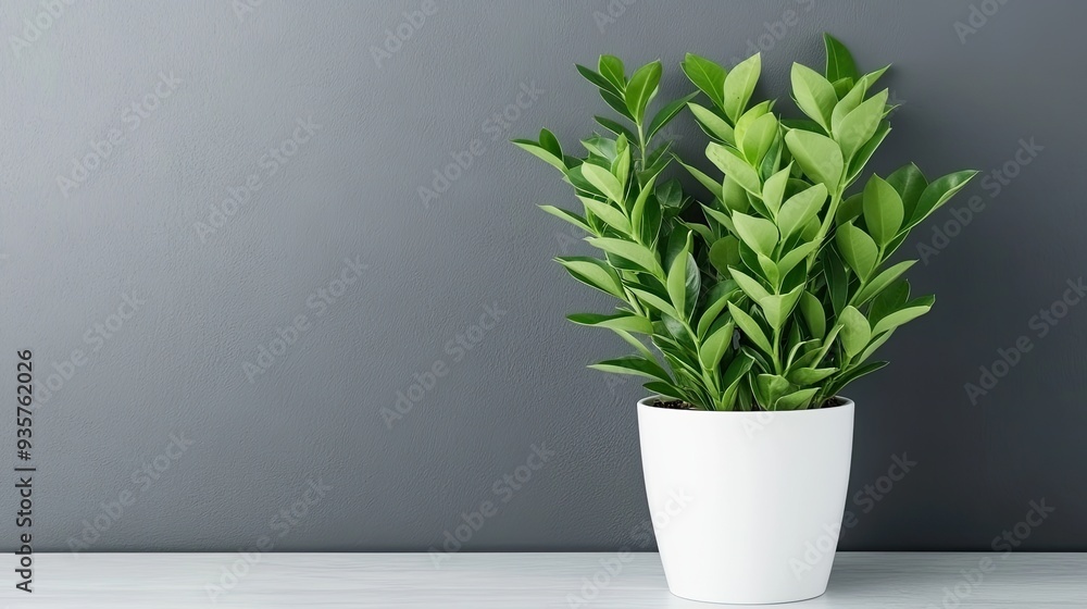 A beautiful Zamioculcas plant showcases its vibrant green leaves in a sleek white pot, enhancing the minimalistic design of a modern interior against a gray background