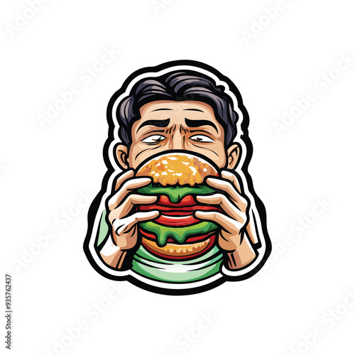 A cartoon illustration of a man eating a large hamburger with both hands.