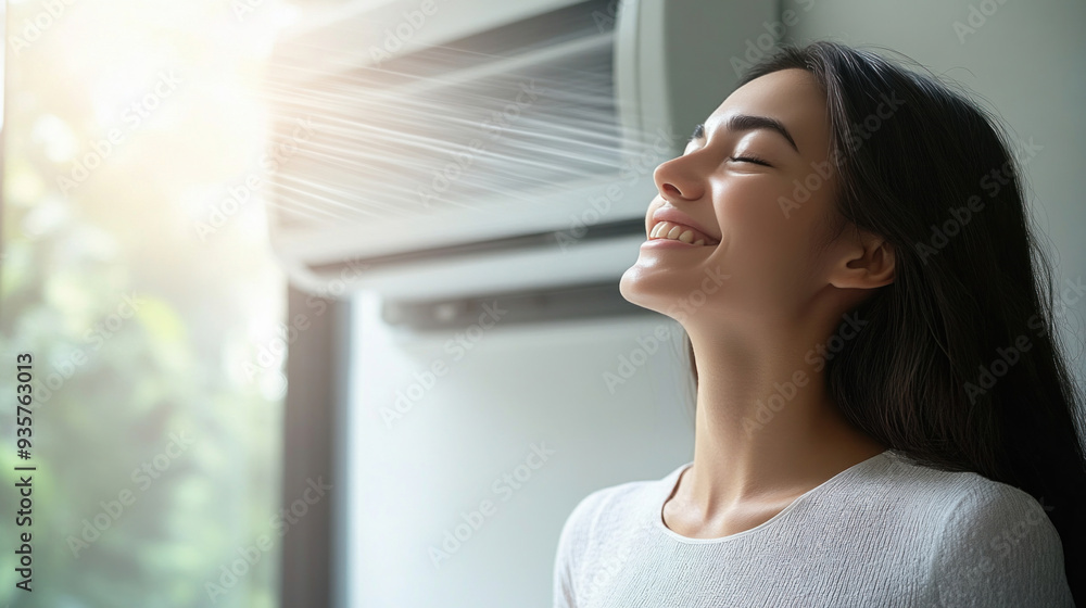 Young woman enjoying cool air flow from conditioner at home Young woman enjoying cool air flow from conditioner at home