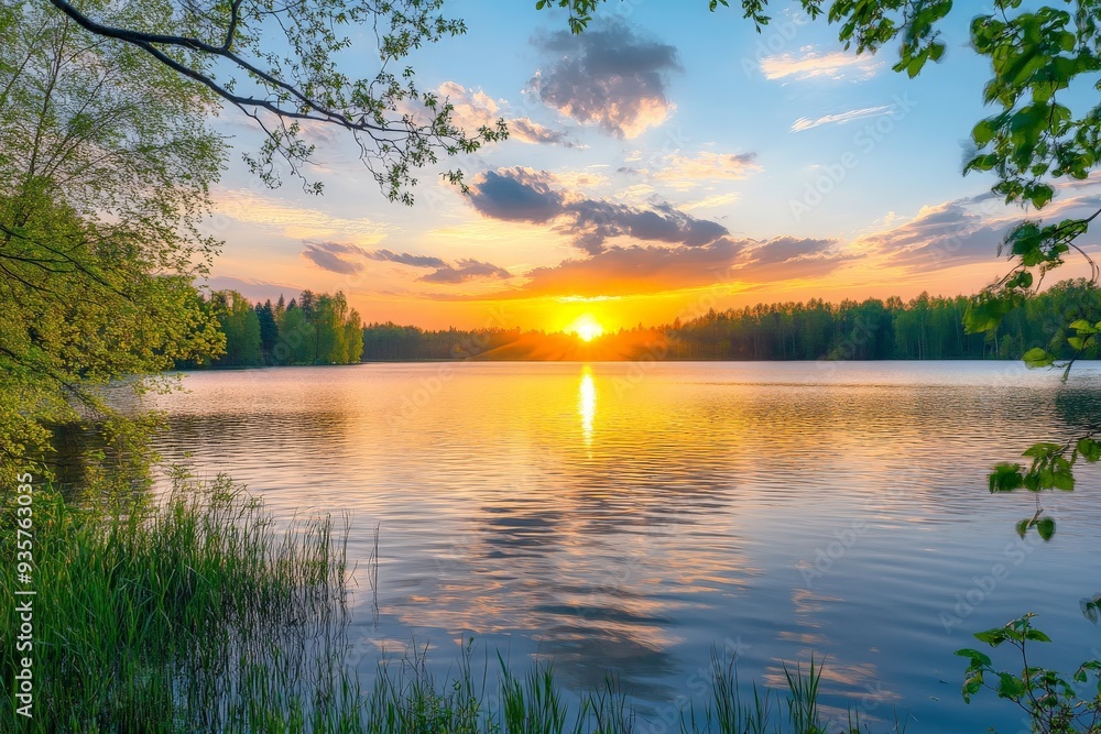 A stunning sunrise illuminates a tranquil lake with clear waters. The sky is clear with a few scattered clouds, and the surrounding greenery reflects on the water. A stunning sunrise illuminates a tranquil lake with clear waters. The sky is clear with a few scattered clouds, and the surrounding greenery reflects on the water.